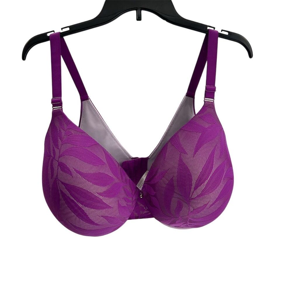 Cacique 38G Push-Up Bra Purple Leaf Print Underwire Support EUC